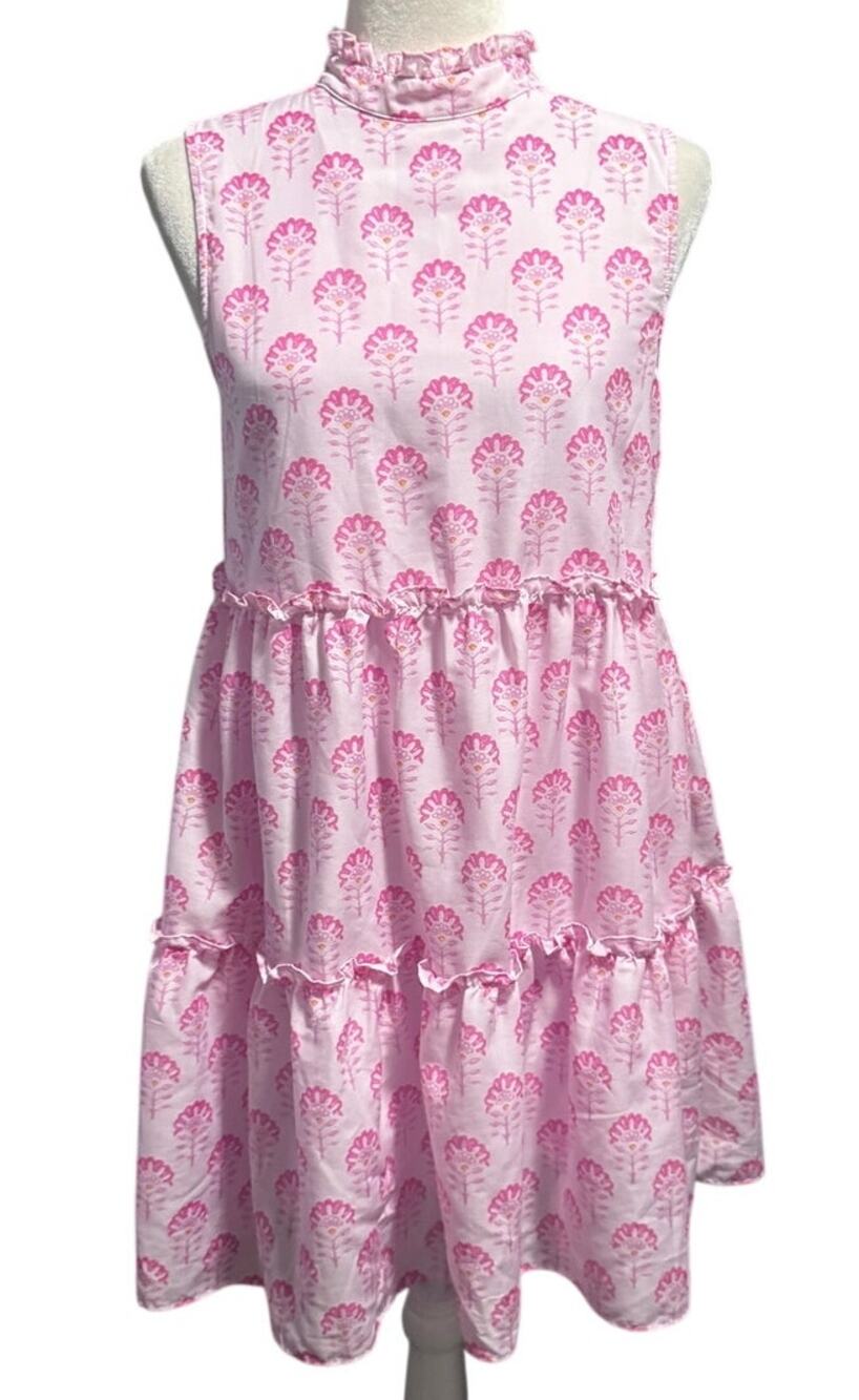 J. Marie Pink Block Print Tiered Ruffle Mock Neck Sleeveless Mini Dress Size XS